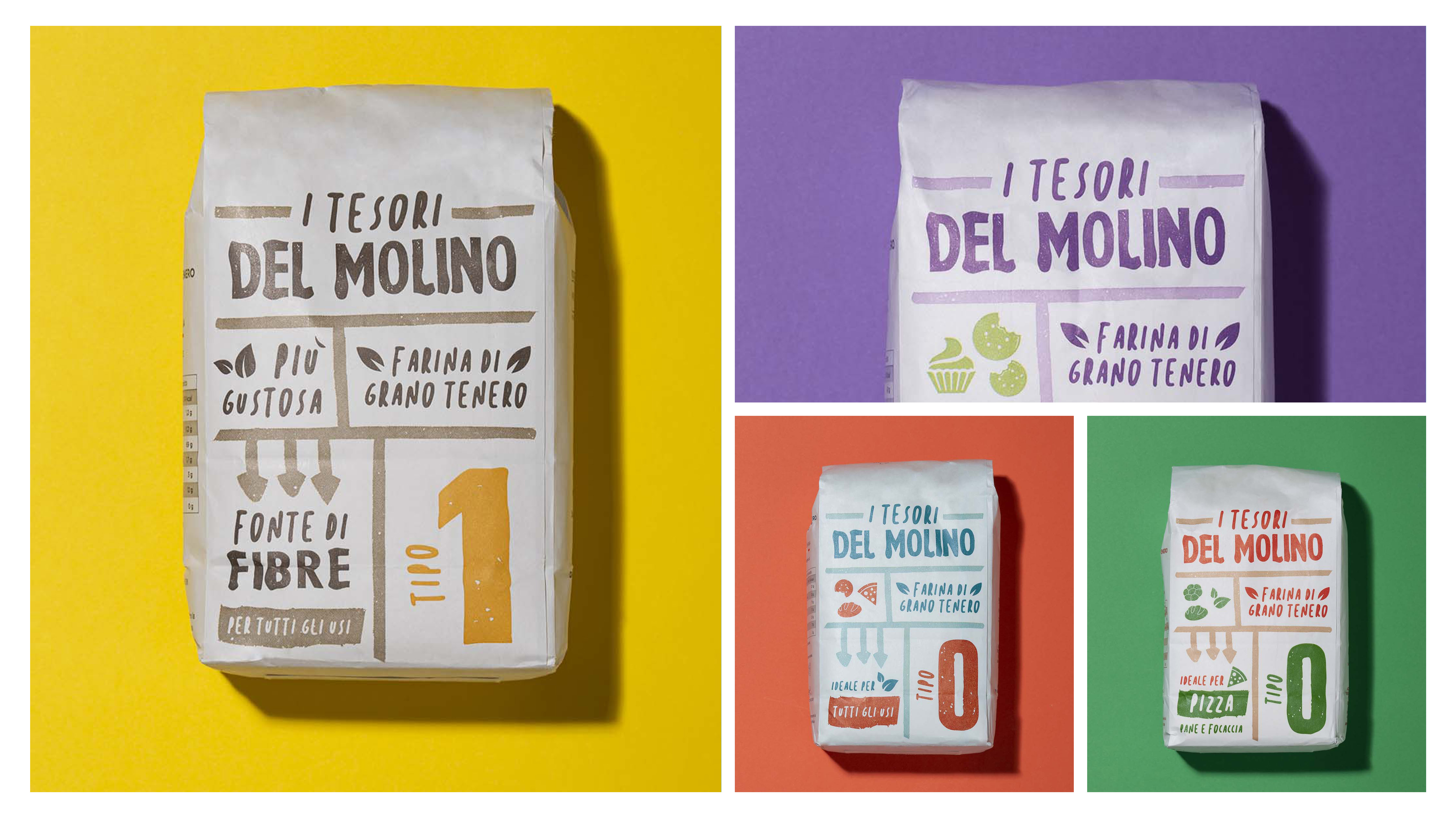 Composizione di confezioni di farina i tesori del molino tipo zero e tipo uno su sfondi giallo viola rosso e verde
