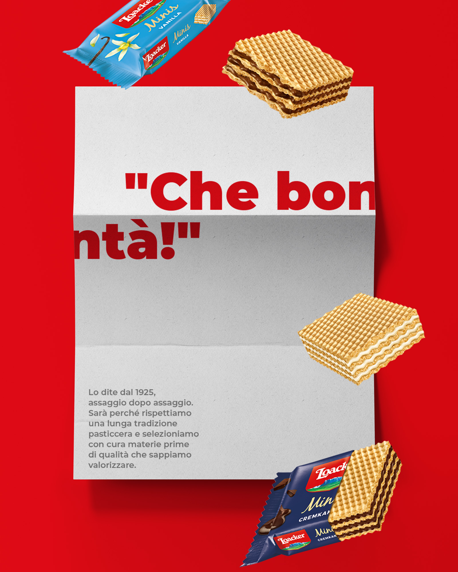 Composizione promozionale loacker con wafer minis alla vaniglia e al cioccolato su sfondo rosso con testo che bonta