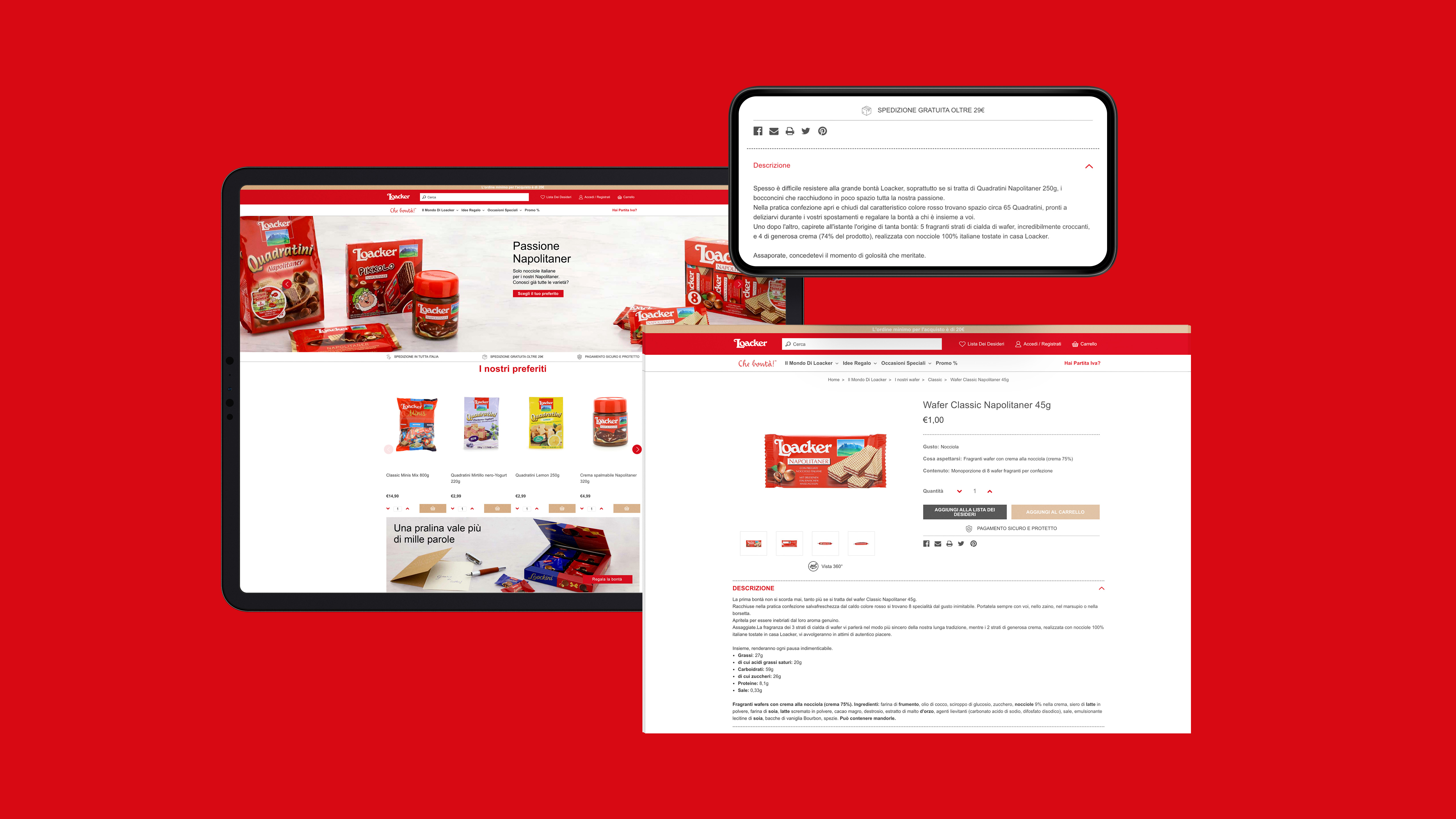Composizione di schermate del sito loacker con home page catalogo e scheda prodotto su sfondo rosso