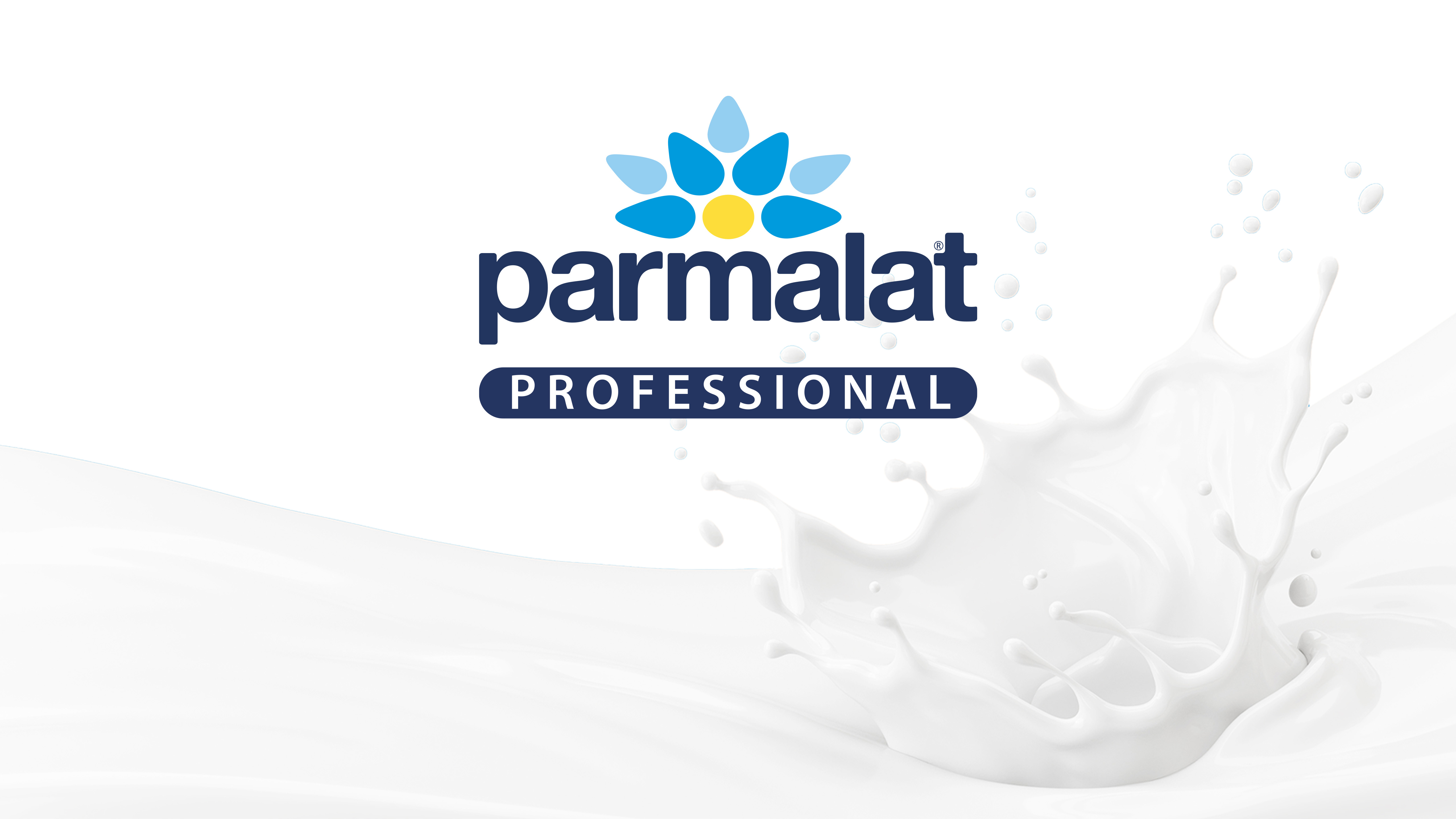 Logo parmalat professional con simbolo azzurro e giallo e schizzo di latte su sfondo bianco