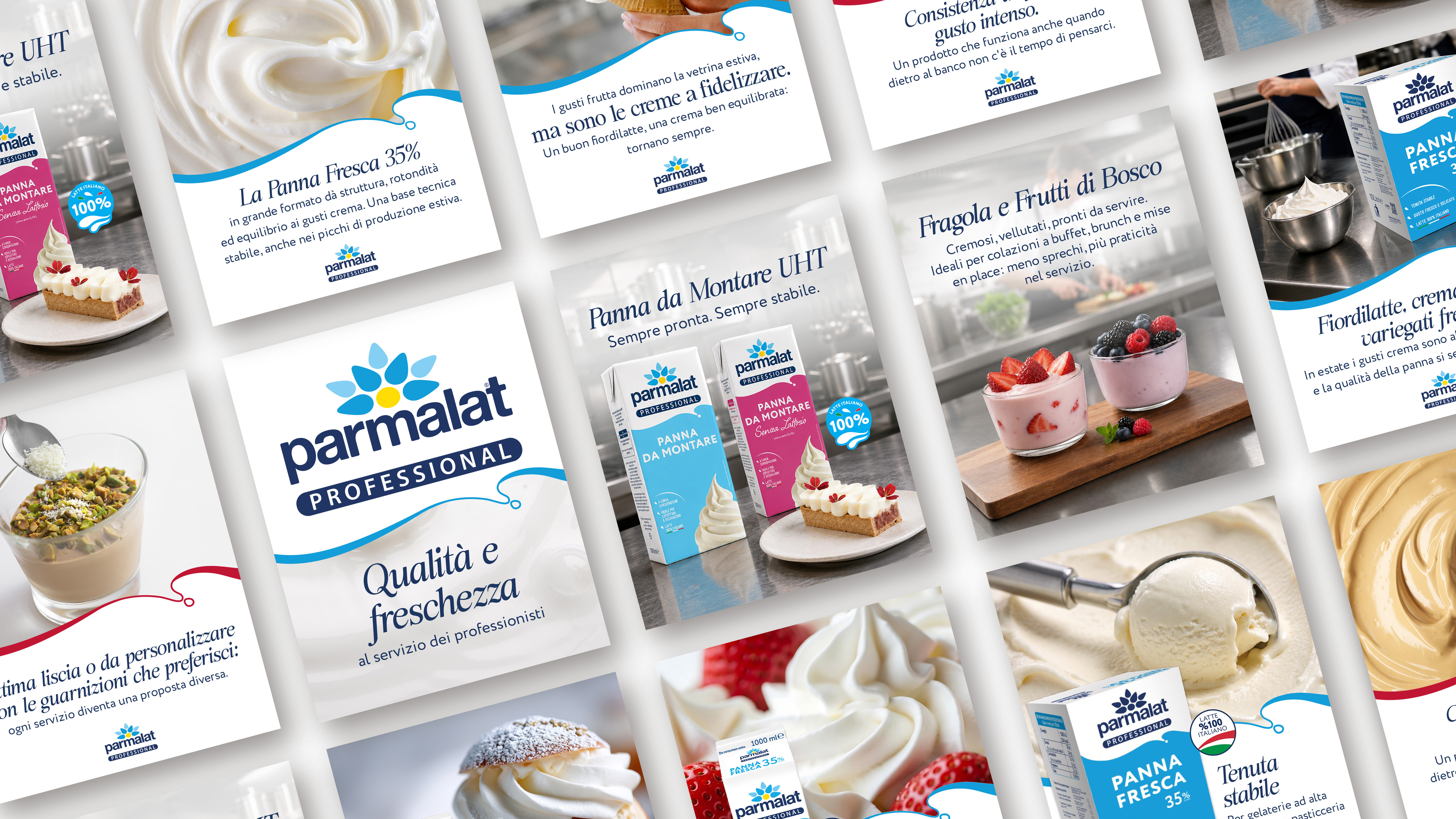 Composizione di grafiche promozionali parmalat professional con panna da montare panna fresca dessert e gelato su sfondo bianco