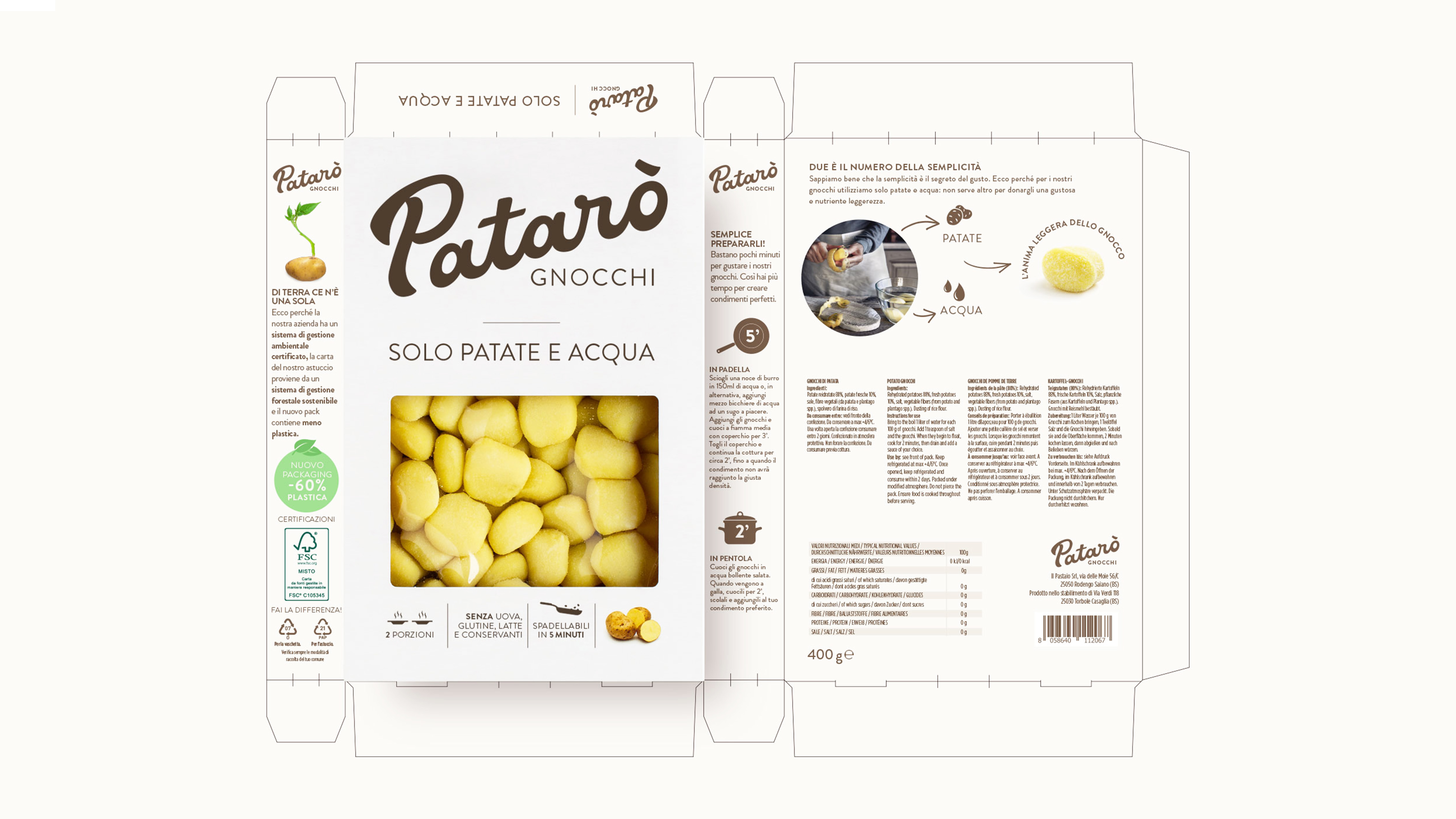 Fustella della confezione pataro gnocchi solo patate e acqua con immagine del prodotto ingredienti istruzioni e informazioni nutrizionali su sfondo chiaro