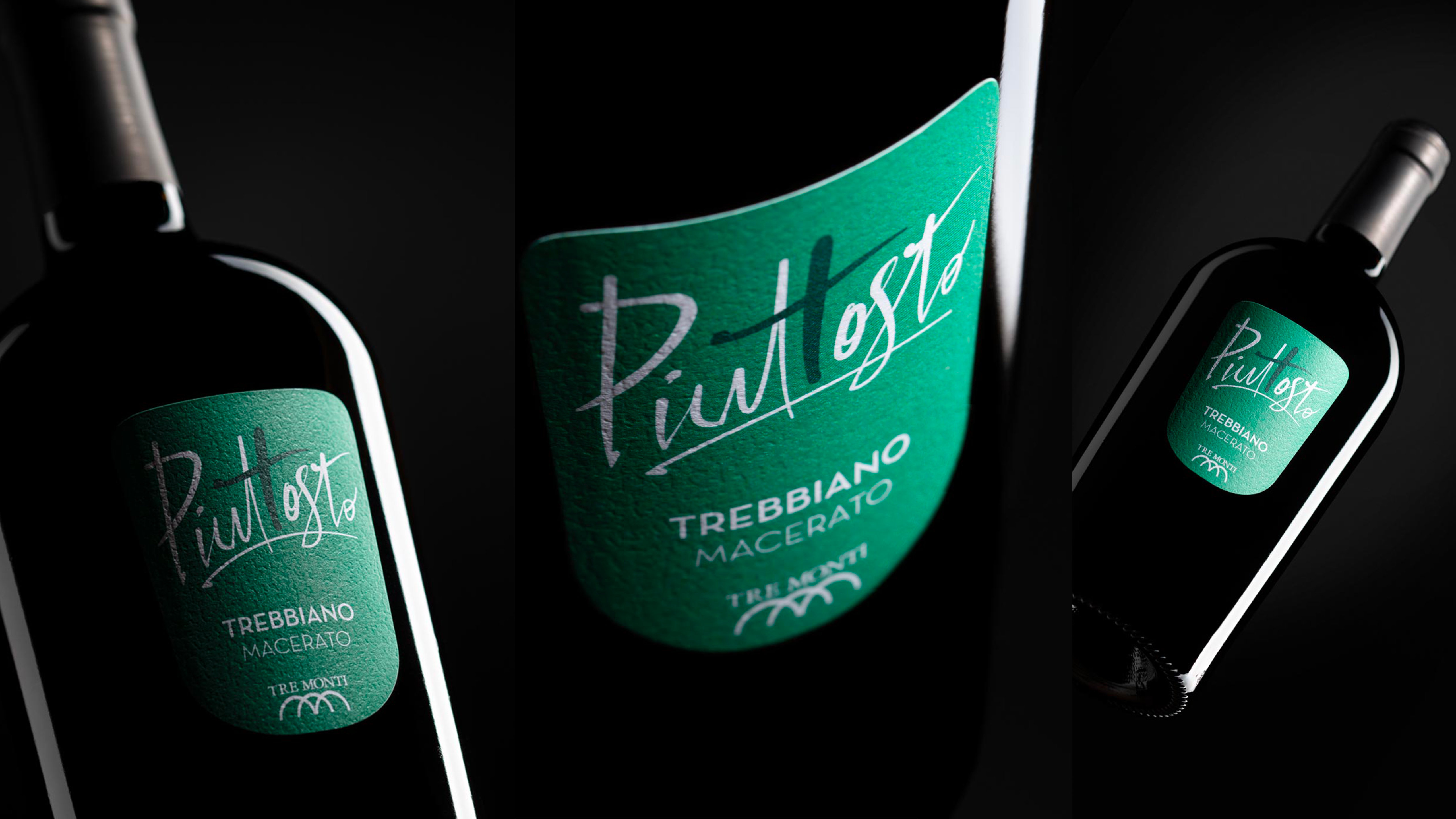 Composizione di tre dettagli della bottiglia di vino piuttosto tre monti con etichetta verde trebbiano macerato su sfondo nero