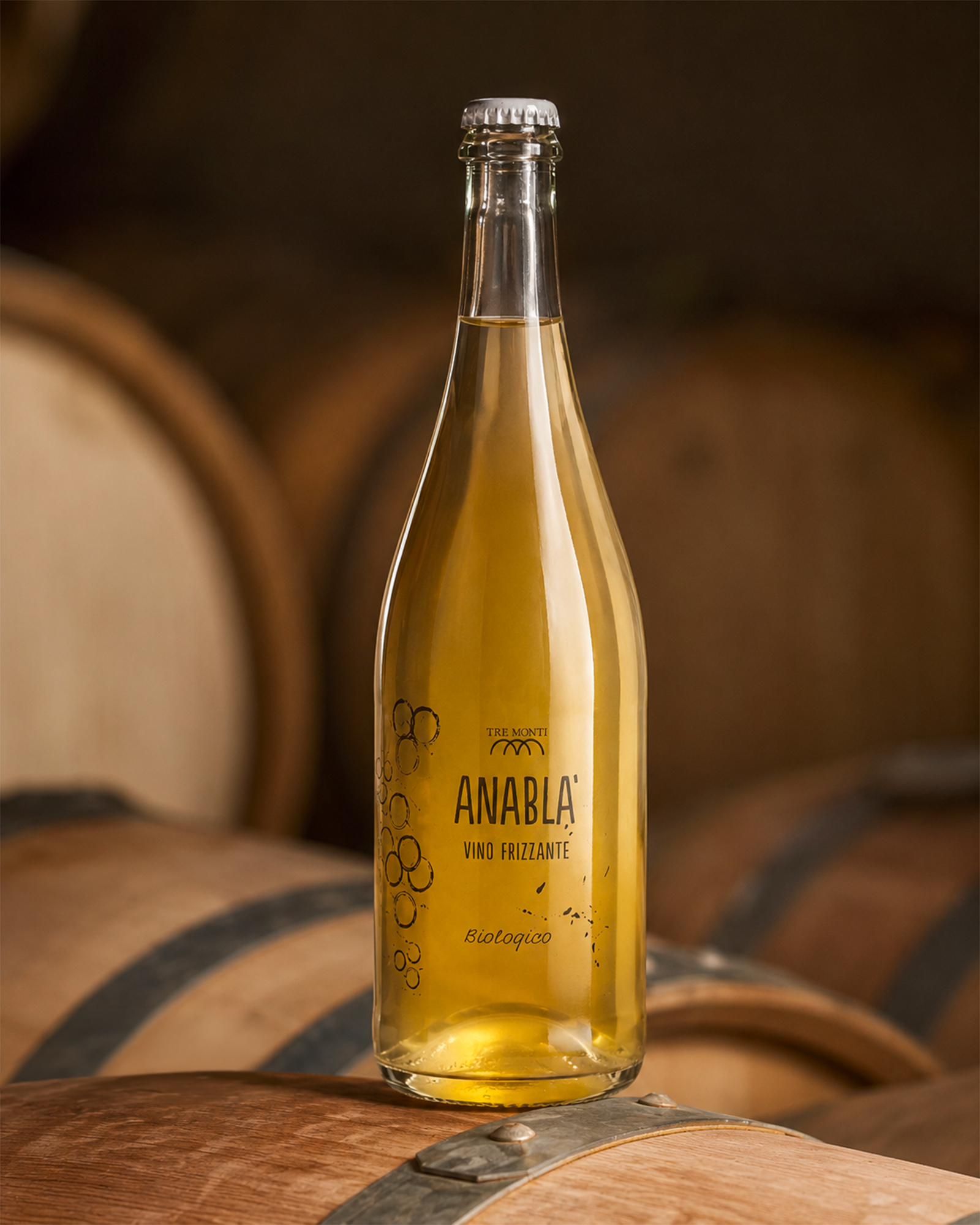 Bottiglia di vino frizzante biologico anabla tre monti posata su una botte di legno in cantina