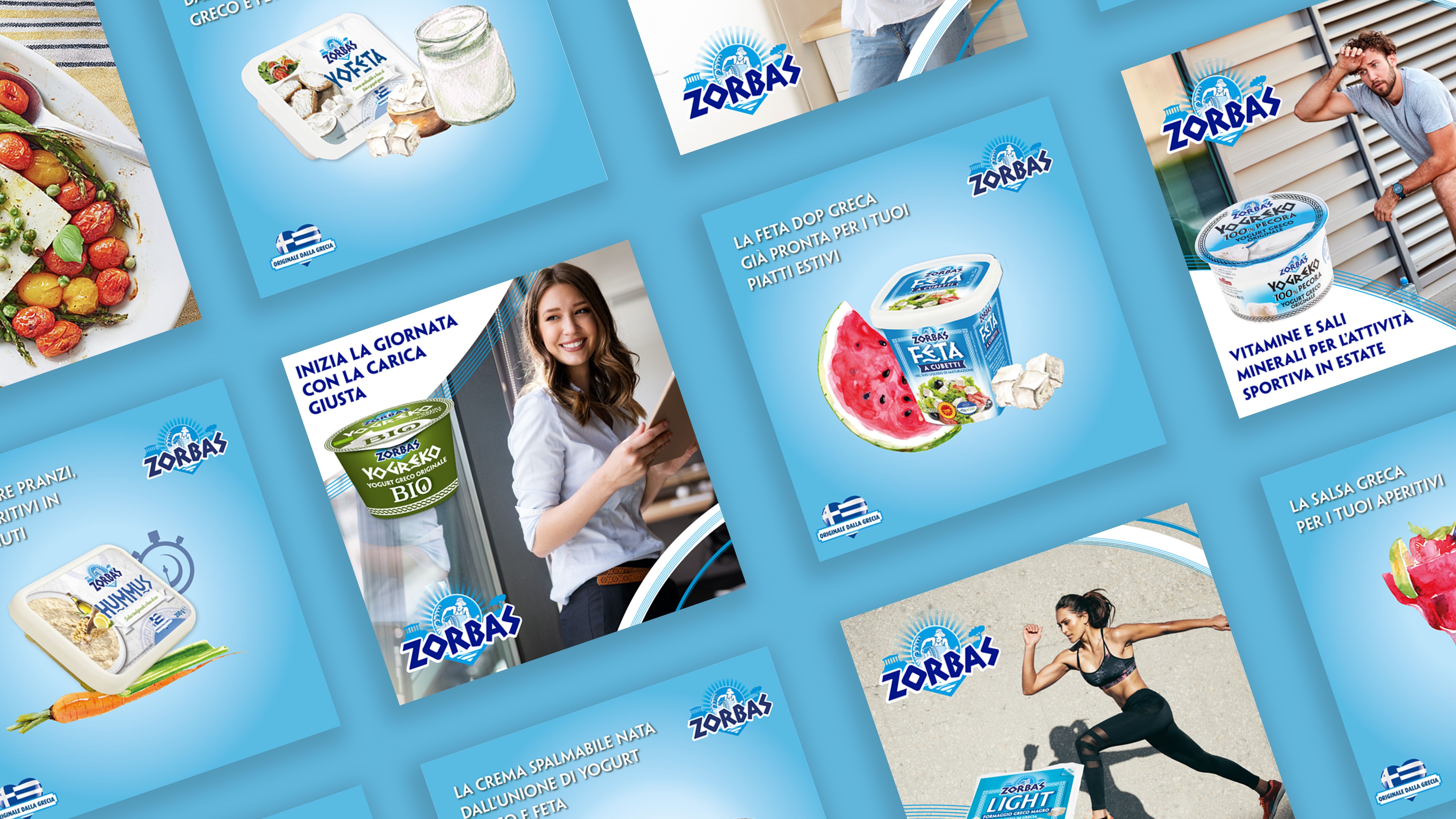 Composizione di grafiche promozionali zorbas con yogurt feta hummus salse greche prodotti e persone su sfondo azzurro